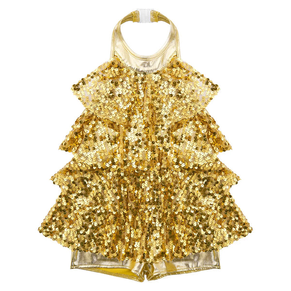 Shiny Sequins Kids Girls Halter Ballet Dance Stage Performance Dress Shorty Unitard Dress Modern Jazz Latin Dancing Costumes
