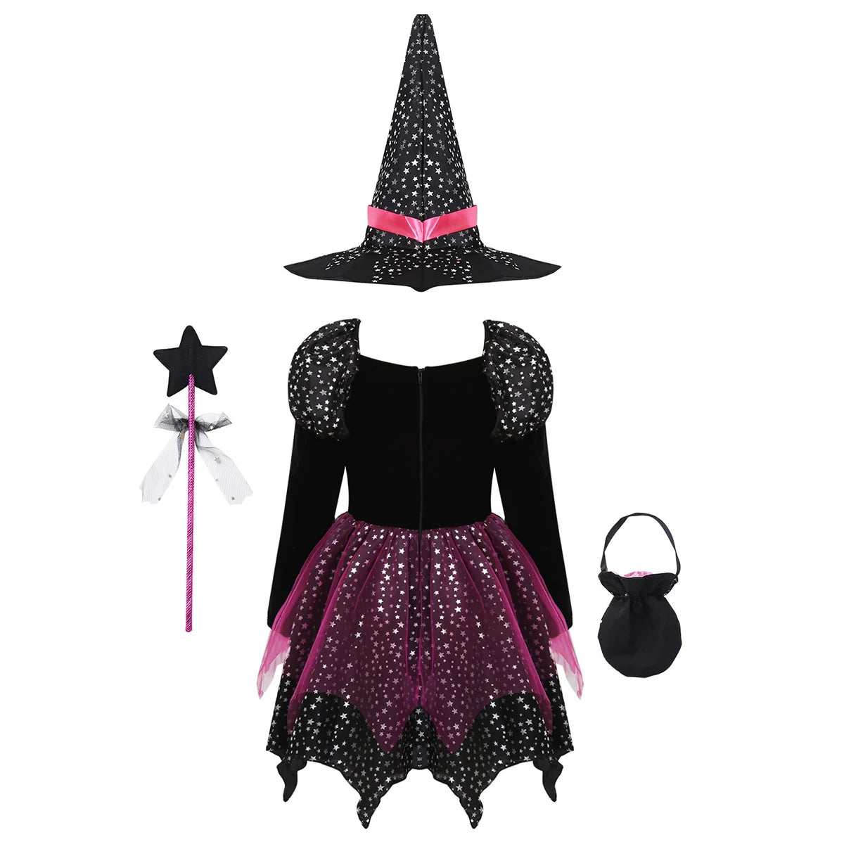 Kid Girls Halloween Witch Costume Sparkly Silver Stars Printed Carnival Cosplay Dress with Pointed Hat Wand Dress Up Clothes