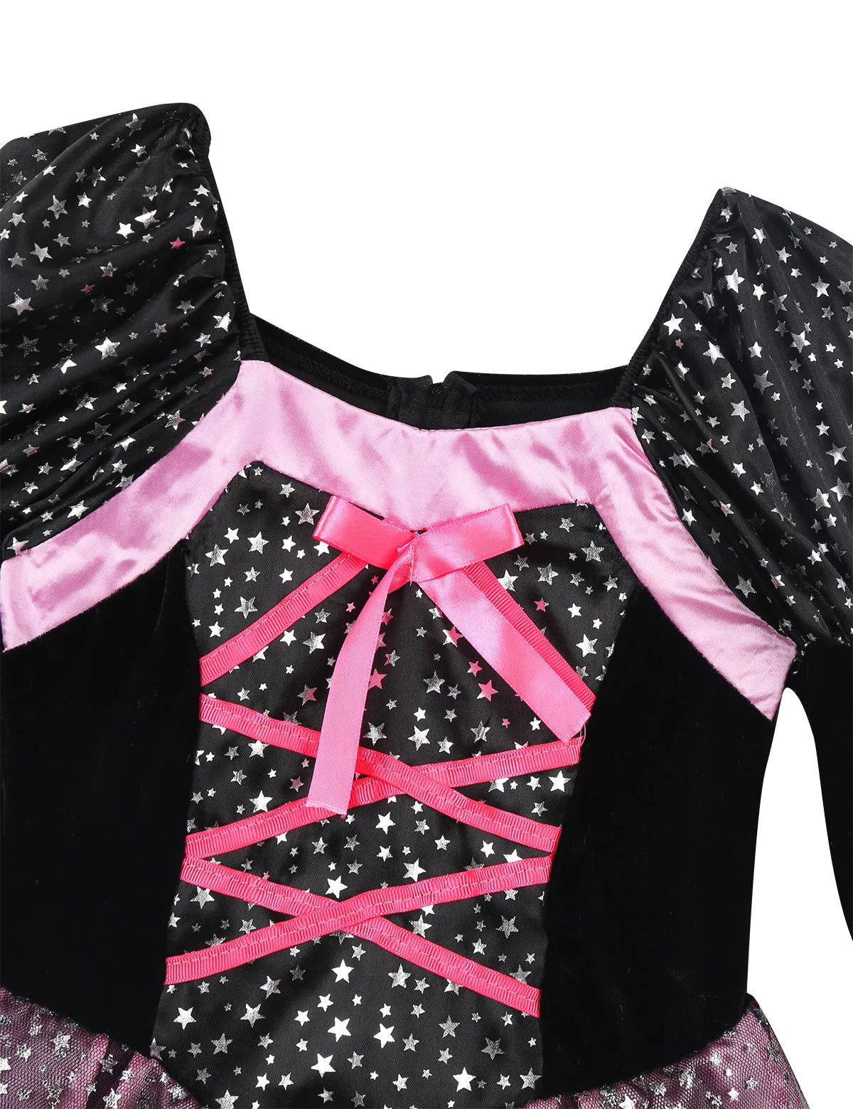 Kid Girls Halloween Witch Costume Sparkly Silver Stars Printed Carnival Cosplay Dress with Pointed Hat Wand Dress Up Clothes