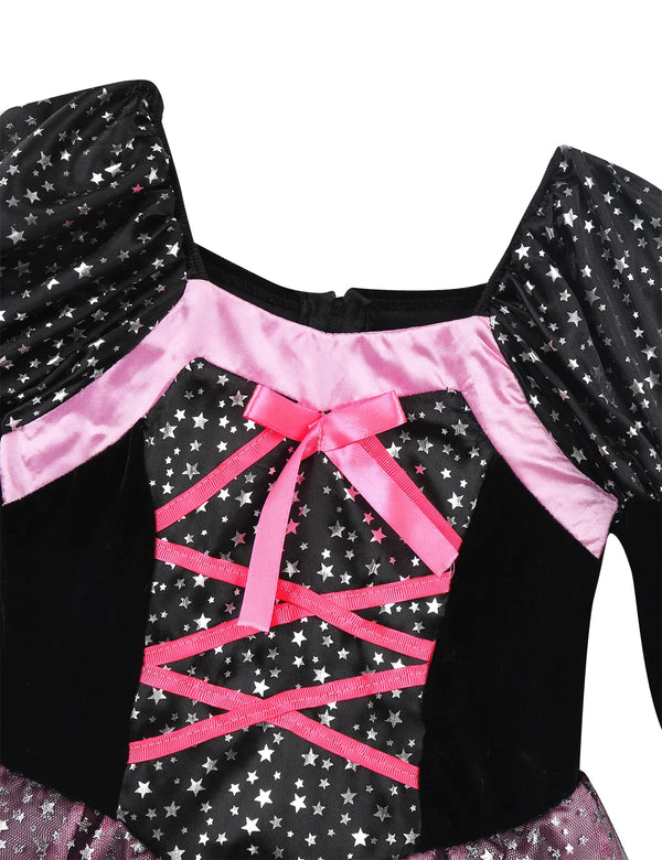 Kid Girls Halloween Witch Costume Sparkly Silver Stars Printed Carnival Cosplay Dress with Pointed Hat Wand Dress Up Clothes