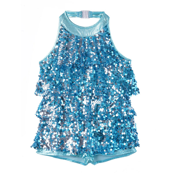 Shiny Sequins Kids Girls Halter Ballet Dance Stage Performance Dress Shorty Unitard Dress Modern Jazz Latin Dancing Costumes