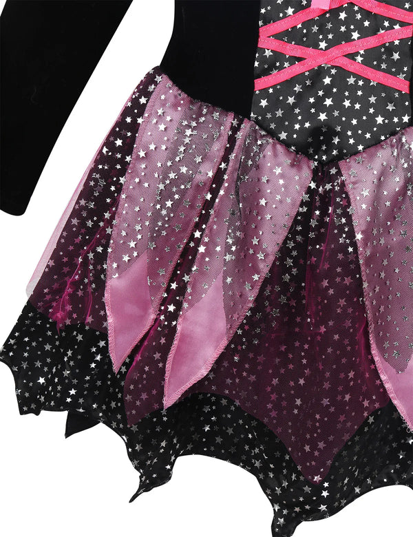 Kid Girls Halloween Witch Costume Sparkly Silver Stars Printed Carnival Cosplay Dress with Pointed Hat Wand Dress Up Clothes
