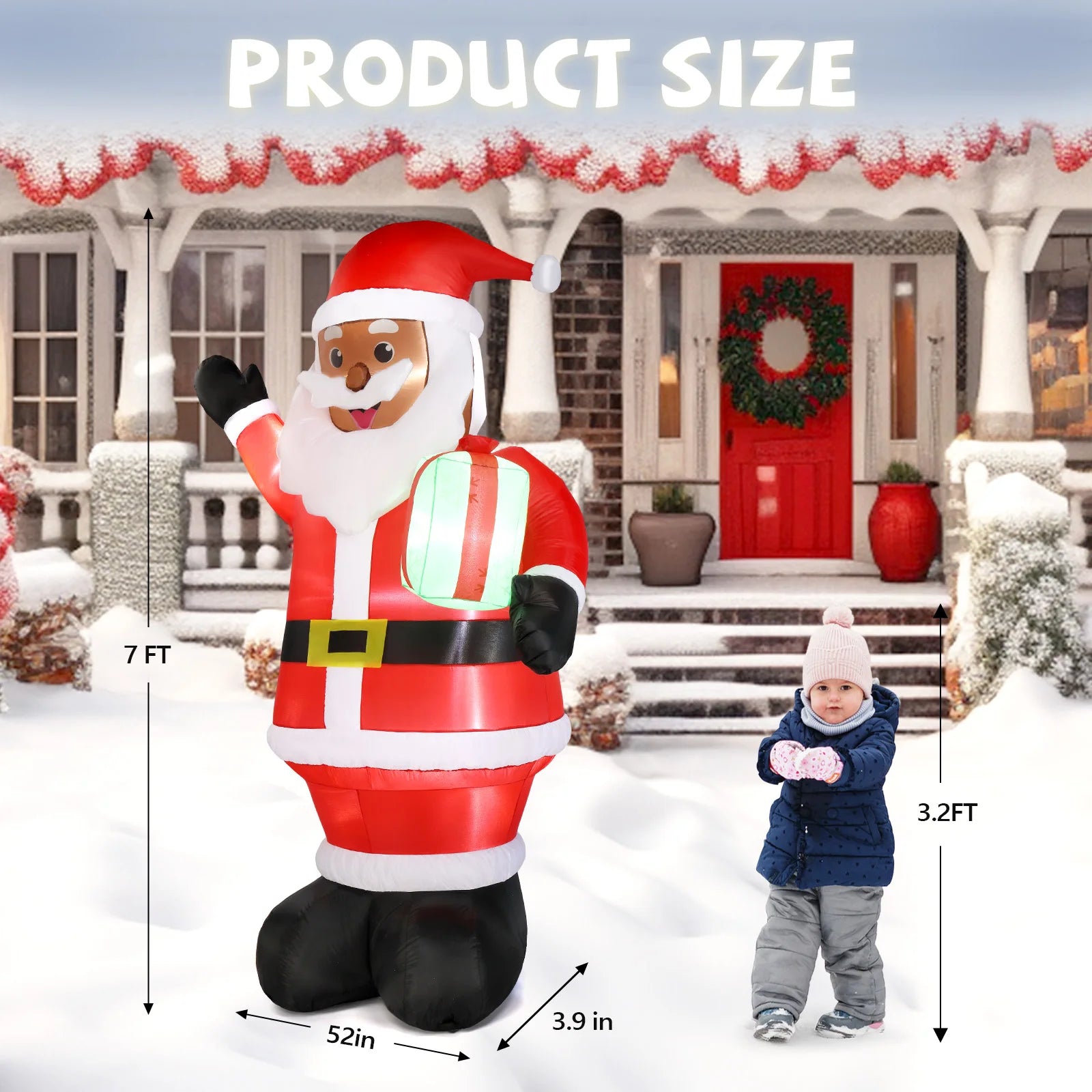 7ft Black Santa Claus Christmas Inflatable With 5 LED Lights And Drawstring Bag For Outdoor Yard Holiday Decoration