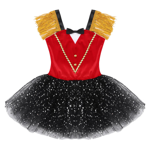 Girls Halloween Circus Ringmaster Costume Dancewear Sequins Mesh Tutu Gymnastics Leotard Dance Dress for Carnival Dress Up
