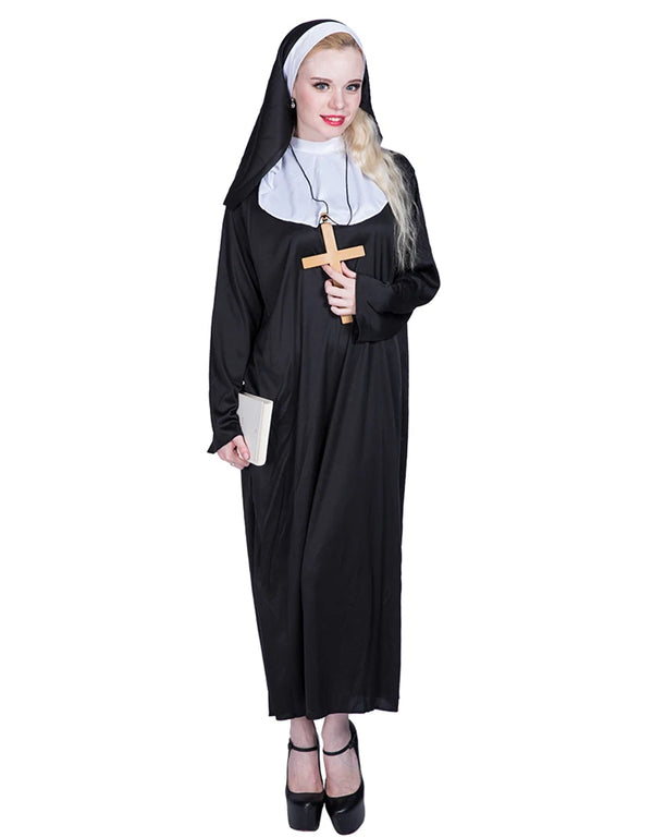 Eraspooky Nuns Dress Robe Women Sister Court Cosplay Female Halloween Costume Vintage Religion Black Hooded Gown Fancy Dress