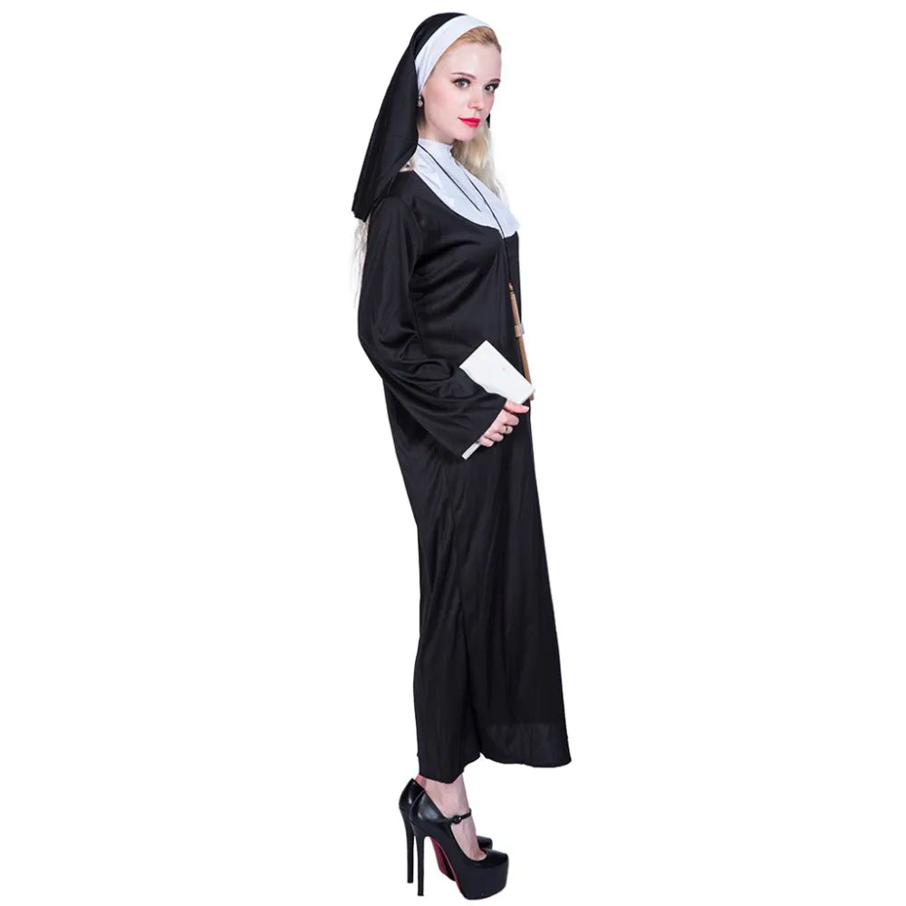 Eraspooky Nuns Dress Robe Women Sister Court Cosplay Female Halloween Costume Vintage Religion Black Hooded Gown Fancy Dress
