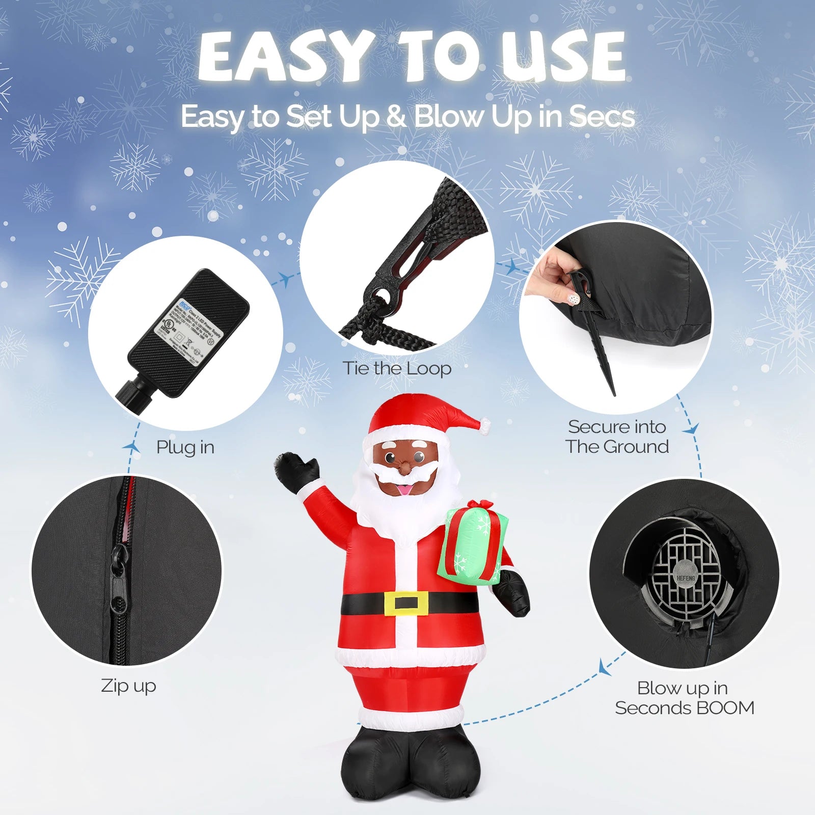 7ft Black Santa Claus Christmas Inflatable With 5 LED Lights And Drawstring Bag For Outdoor Yard Holiday Decoration