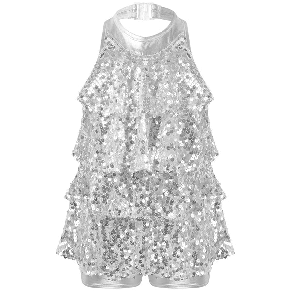 Shiny Sequins Kids Girls Halter Ballet Dance Stage Performance Dress Shorty Unitard Dress Modern Jazz Latin Dancing Costumes