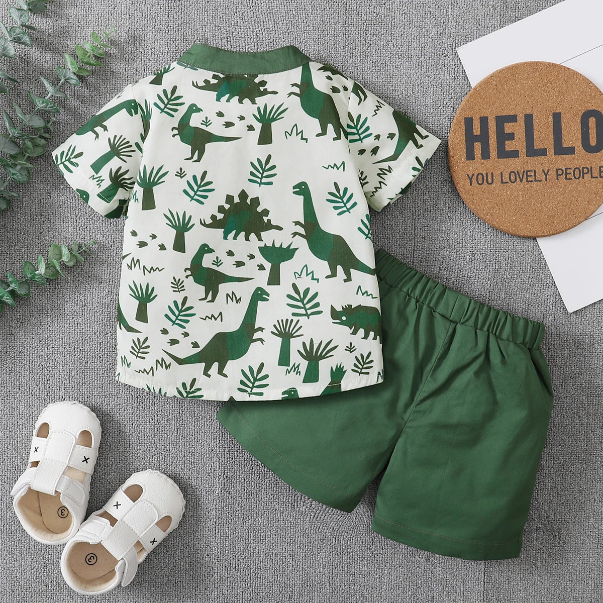 Citgeett Summer 1-5Years Toddler Boy 2Pcs Outfits Short Sleeve Button Down Shirt + Elastic Waist Shorts Clothes Dinosaur Set