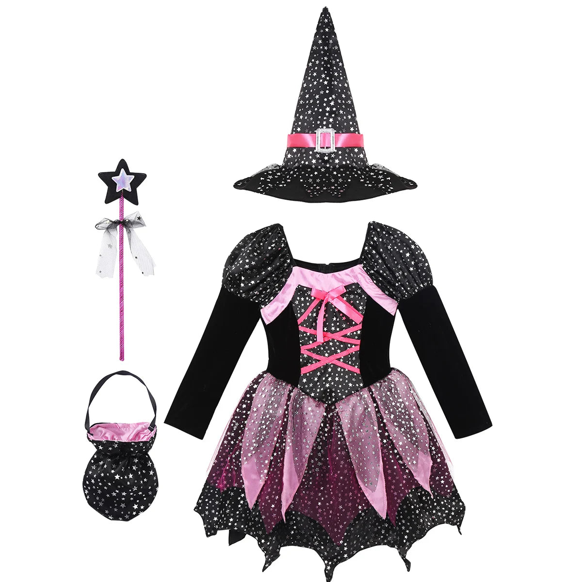 Kid Girls Halloween Witch Costume Sparkly Silver Stars Printed Carnival Cosplay Dress with Pointed Hat Wand Dress Up Clothes