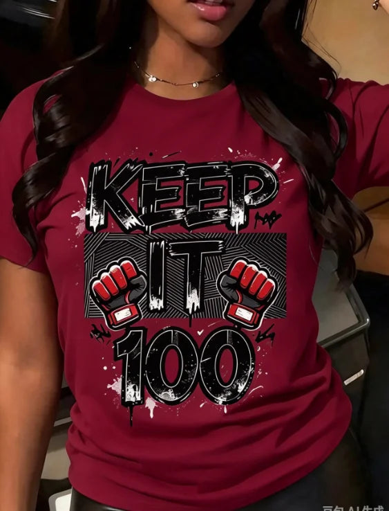 Women Crew Neck Short Sleeve T-Shirt Keep It 100 Graphic Bold Black Boxing Text Print Casual Everyday Basic Tops