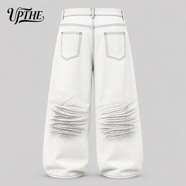 UP.THE Men White Gradient Washed Crinkle Baggy Wide Leg Jeans, Y2K Oversized Loose Distressed Denim Pants, Grunge Streetwear Trousers for Daily Outfits