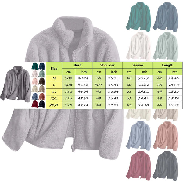 Women Casual Zip Up Fleece Jacket Solid Color Long Plush Polar Warm Zipper Outwears Female Gils Lamb Wool Jackets With Pockets