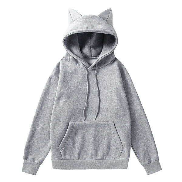Cute Girls Fleece Sweatshirts Cat Ears Design Hooded Casual Oversized Hoodie Korean Style Solid Color Basic Sweater With Pocket