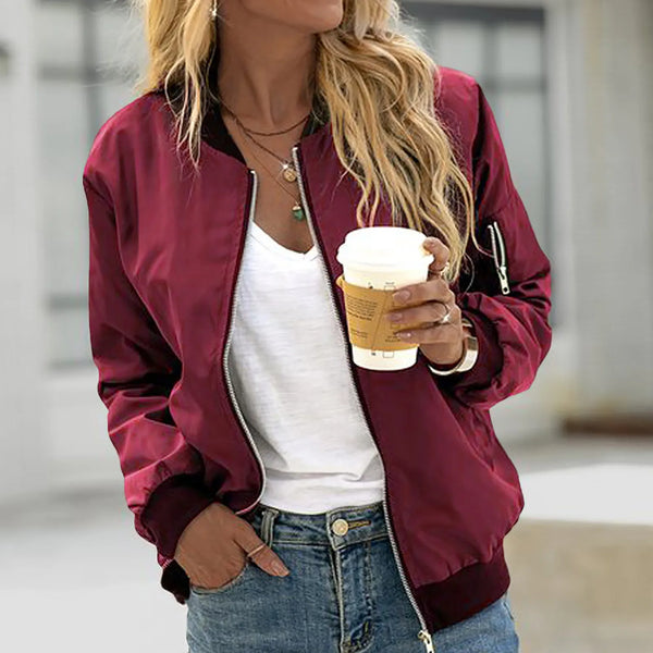 Women's Solid Color Cool Girl Jackets Round Neck Zipper Vintage Bomber Jacket Autumn Casual Female Bomber Jacket Chic Outerwear