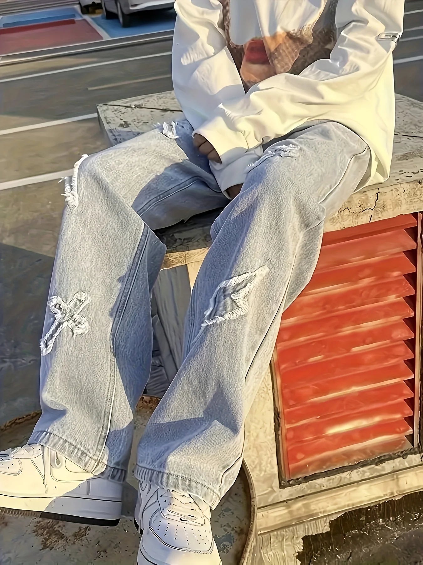 Men's jeans patch lightning jeans men's loose jeans worn-out jeans