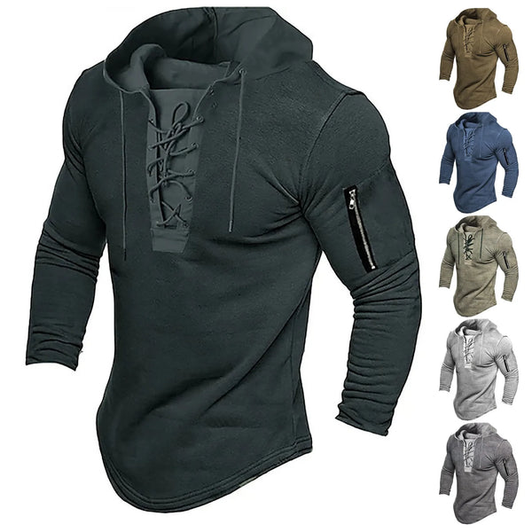 Men Pullover Hooded Sweatshirt Solid Color Lace Up Sports Casual Hoodies Spring Autumn Clothing American Retro Mens Sweatshirt