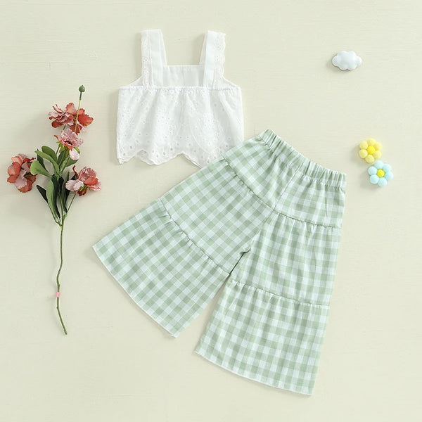 2024-12-02 Lioraitiin Toddler Girl Summer Clothes Eyelet Embroidery Cami Tops+Elastic Waist Plaid Print Wide Leg Pants 2Pcs Set