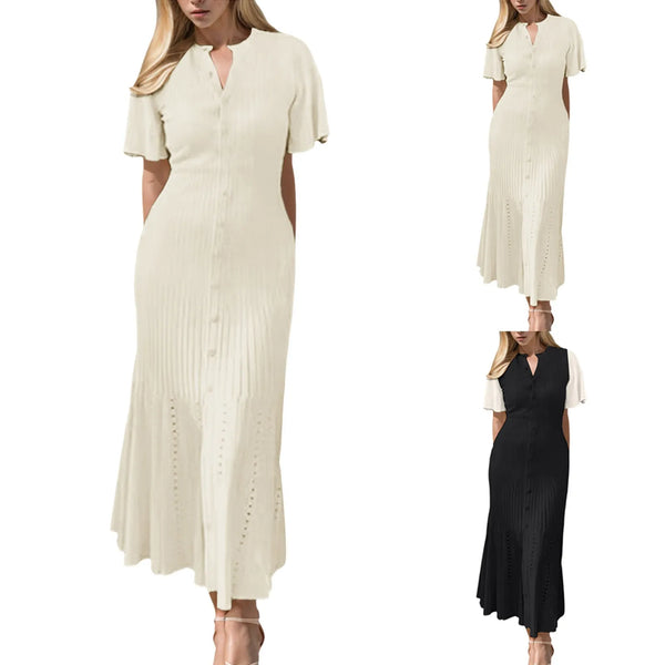 Summer Autumn Elegant Knitted Long Dresses Women French Slimming Knitted Mermaid Dress Lady Single Breasted Party A Line Dress