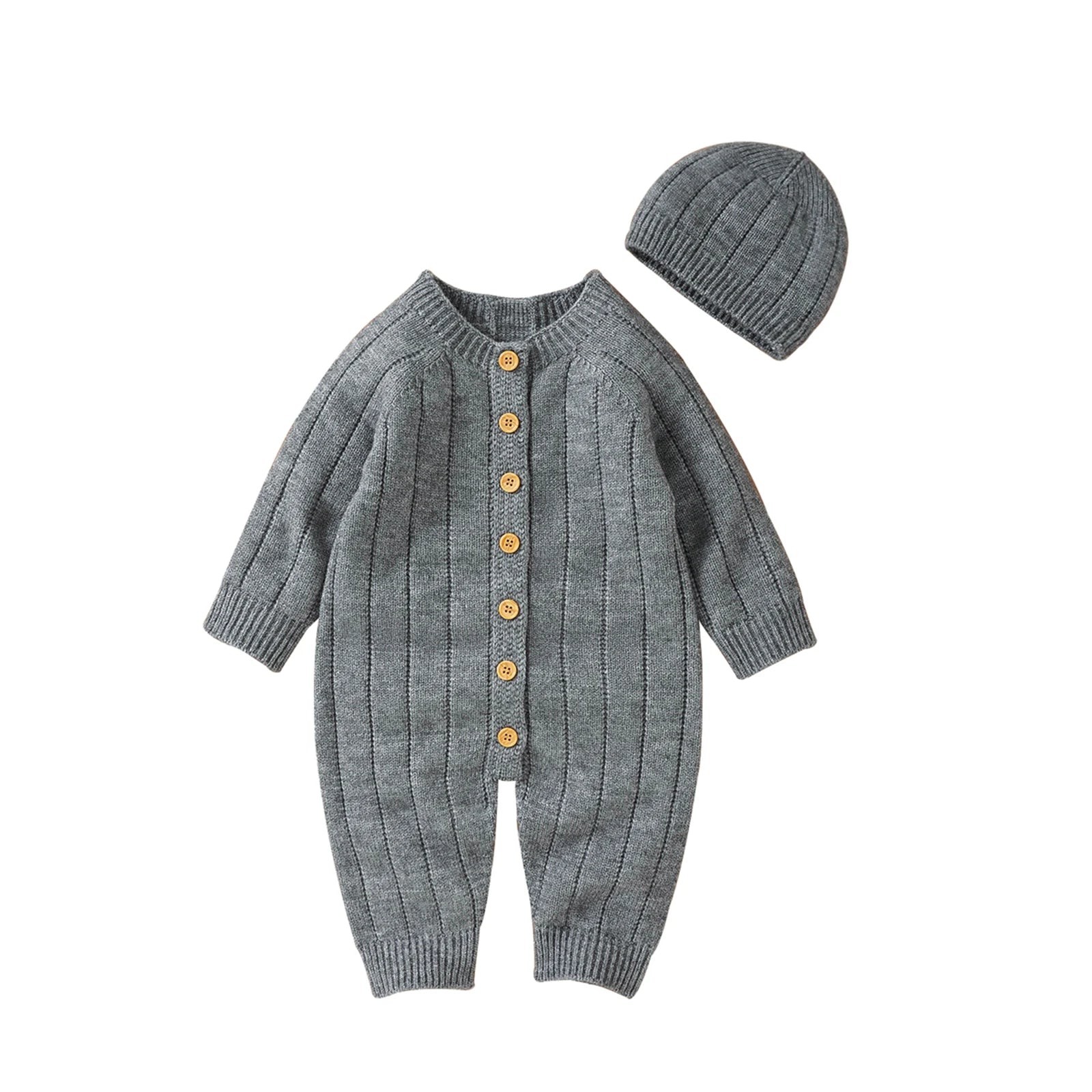 2022-06-29 Lioraitiin Infant Winter Jumpsuit and Cap, Solid Color Long Sleeve Single-breasted Knitted Romper, 0-18 Months