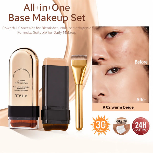 4‑in‑1 Makeup Artist Base Makeup Bundle, Hydrating Primer Gel, HD Setting Spray, Full‑Coverage Foundation Stick with Premium Foundation Brush, Long‑Lasting Matte Finish for Daily Makeup