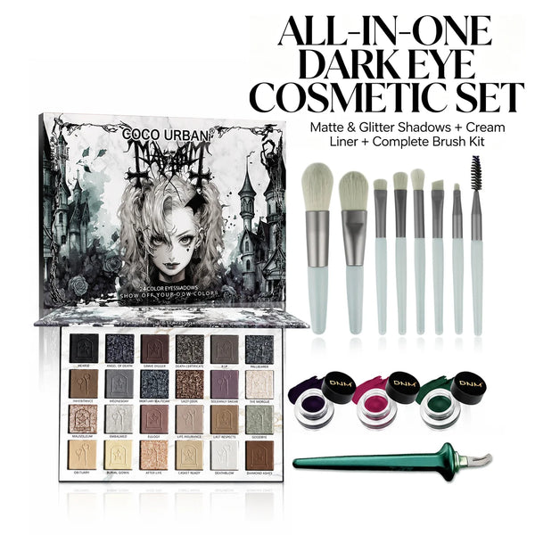 All In One Dark Goth Eye Makeup Set 24 Shades Matte Glitter Eyeshadow Palette with 3 Cream Gel Liners & 8pcs Eye Brush Kit Grunge Halloween Cosmetic Kit