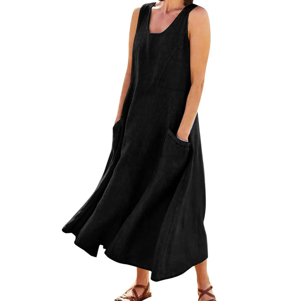Vintage Cotton Linen Long Dresses for Women Summer Solid Color Sleeveless Boho Maxi Dress Pocket Loose Tank Dress Plus Size 5XL