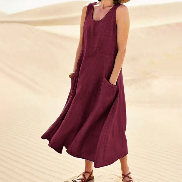 Vintage Cotton Linen Long Dresses for Women Summer Solid Color Sleeveless Boho Maxi Dress Pocket Loose Tank Dress Plus Size 5XL