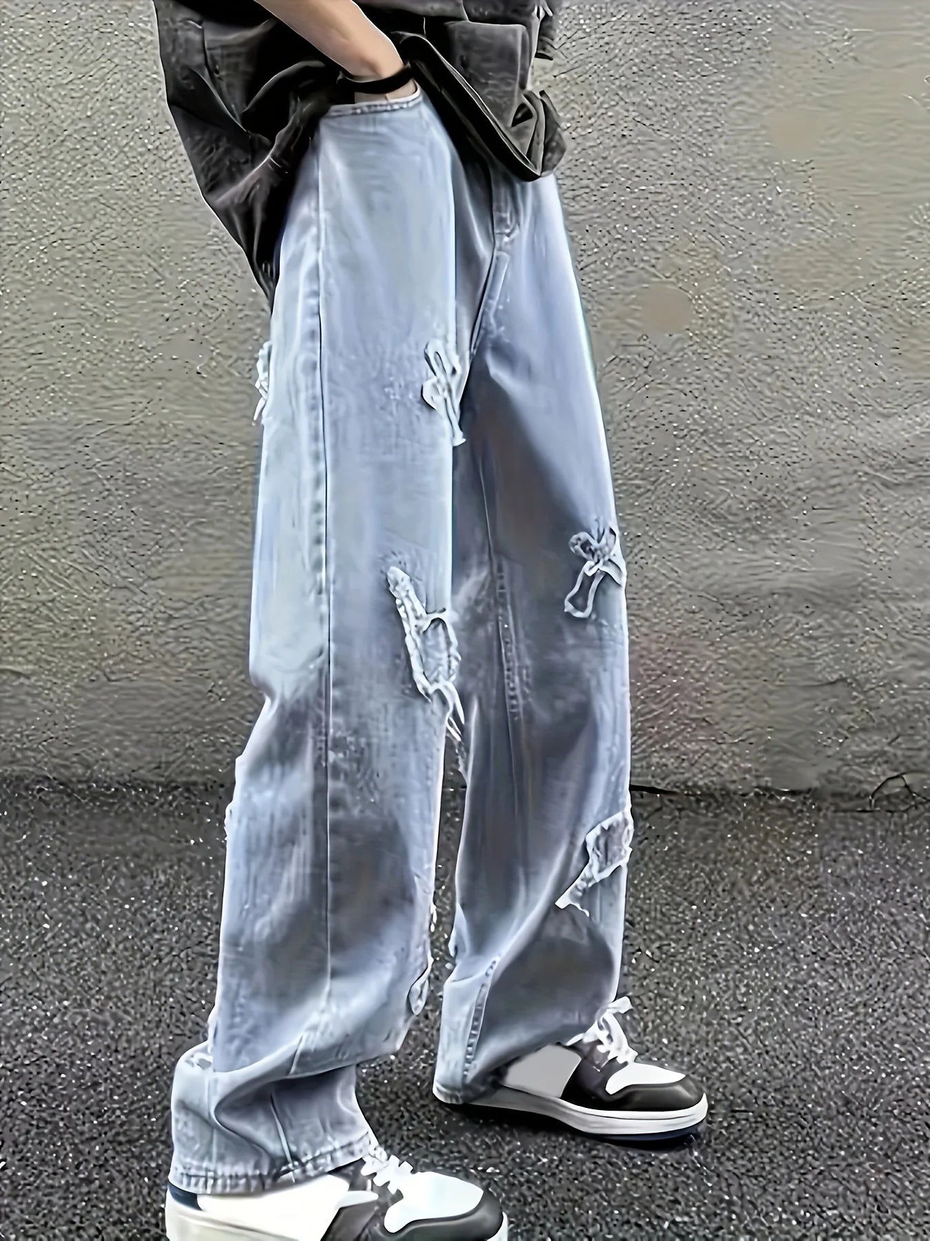 Men's jeans patch lightning jeans men's loose jeans worn-out jeans