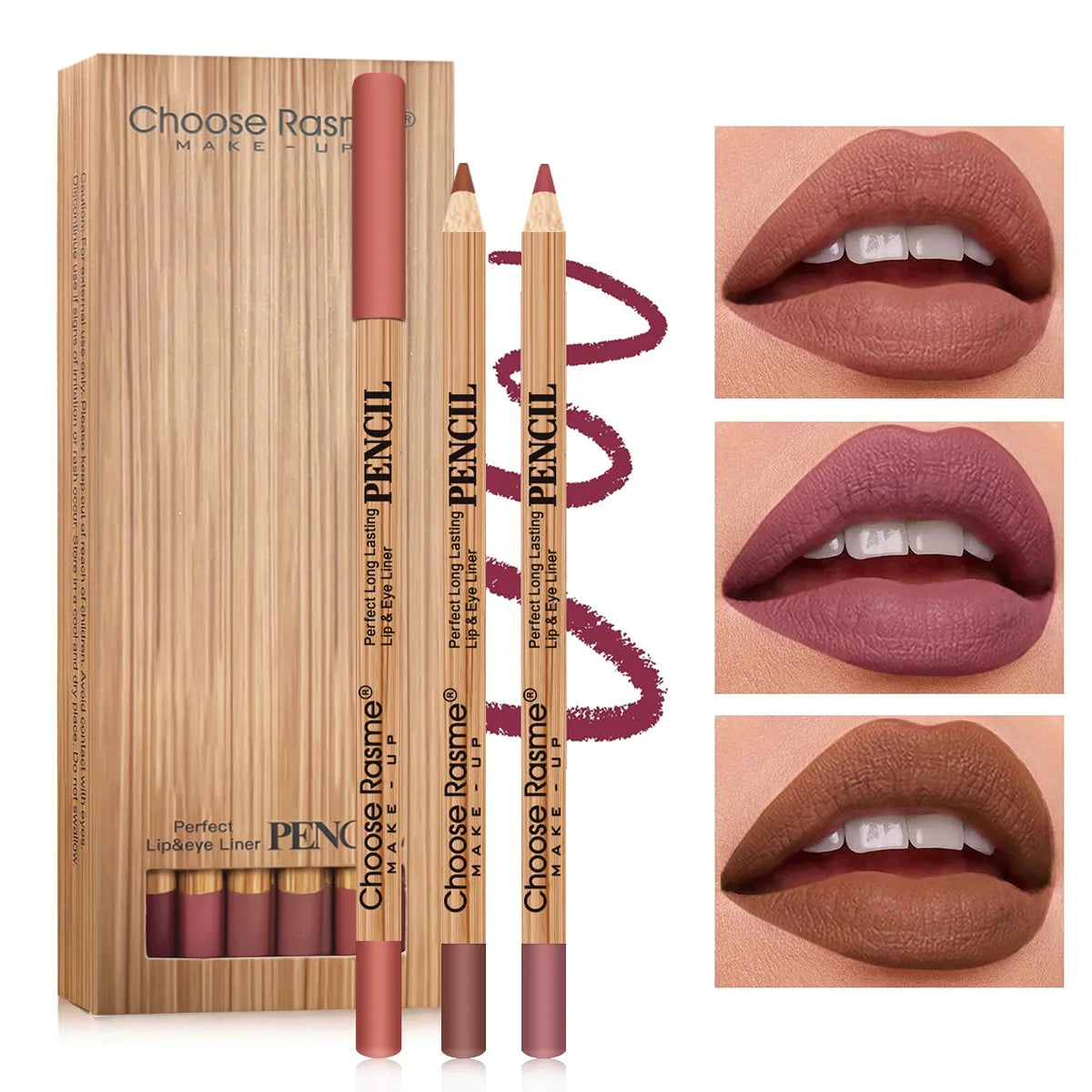 12-color lip liner set, wooden design, can be sharpened, matte nude shades, easy-to-apply lipstick liners