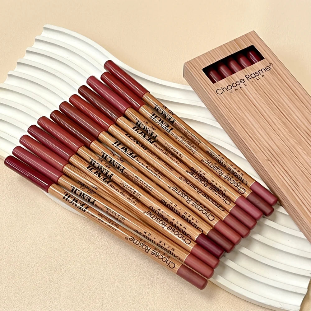 12-color lip liner set, wooden design, can be sharpened, matte nude shades, easy-to-apply lipstick liners
