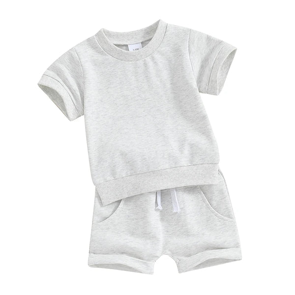 Toddler Baby Summer Clothes Solid Color Short Sleeve Round Neck T-Shirt with Shorts 2Pcs Outfit