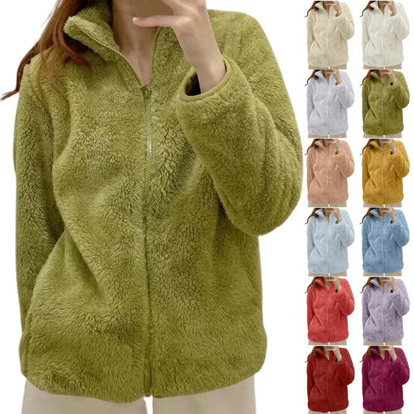 Women Casual Zip Up Fleece Jacket Solid Color Long Plush Polar Warm Zipper Outwears Female Gils Lamb Wool Jackets With Pockets