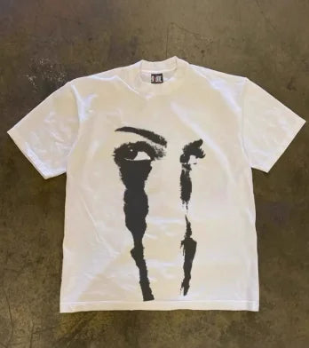 Designer Unique Print Couple Matching T-shirt American Abstract Eye Face Pattern Pure Cotton Loose Fit Short Sleeve Tops Men Women Streetwear
