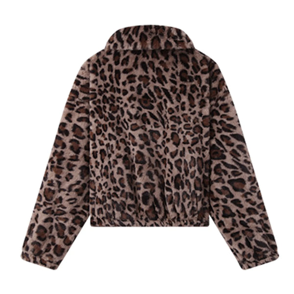 Streetwear Women Bomber Jackets Leopard Print Fashion Short Coats Fuzzy Fleece Long Sleeve Lapel Outerwear Cropped Cardigan