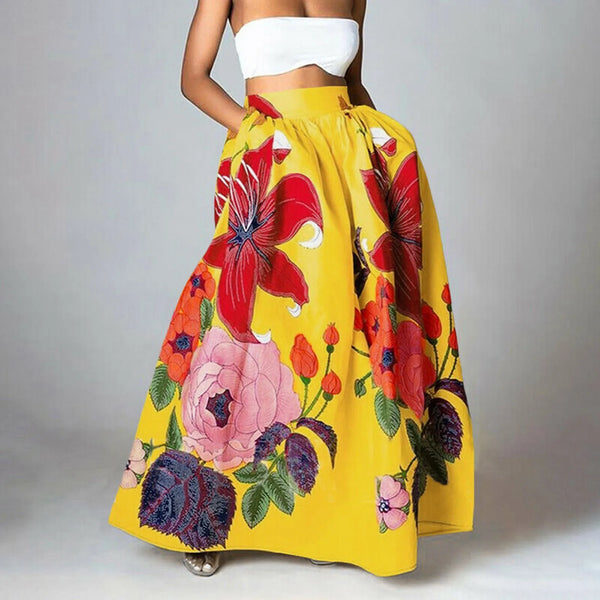 Bohemian Women Long Skirt Large Swing High Waist Floral Printing A-Line Skirt Women Faldas Fashion Casual Party Skirt Pockets
