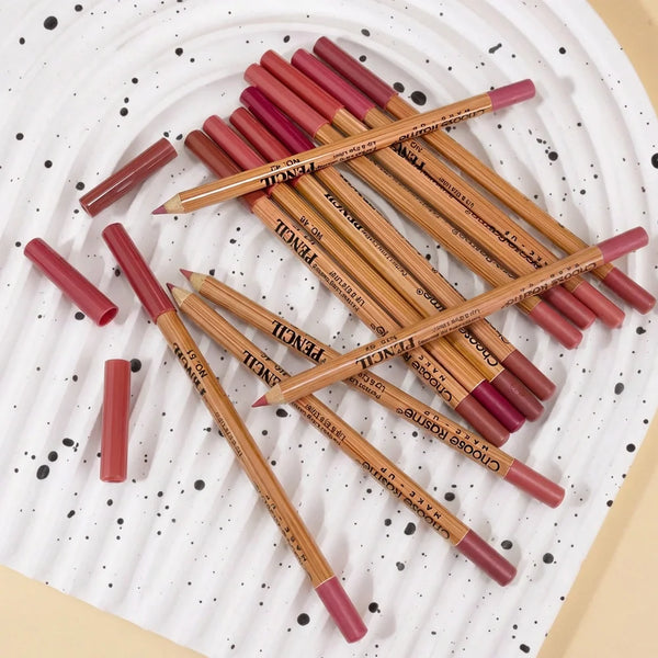 12-color lip liner set, wooden design, can be sharpened, matte nude shades, easy-to-apply lipstick liners