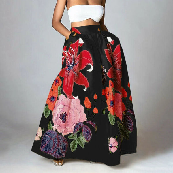 Bohemian Women Long Skirt Large Swing High Waist Floral Printing A-Line Skirt Women Faldas Fashion Casual Party Skirt Pockets