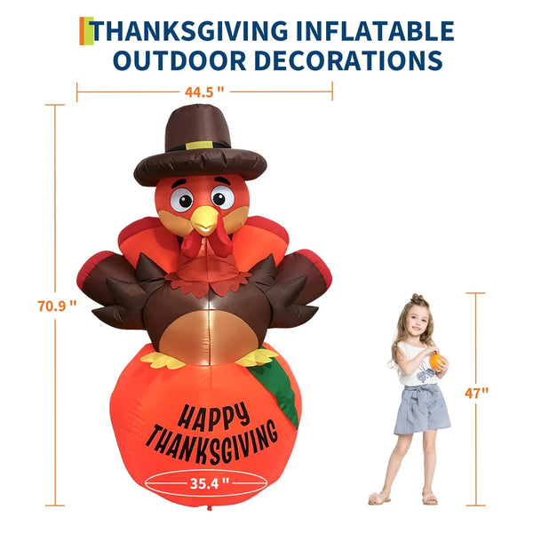 6ft Thanksgiving Inflatable Pumpkin Turkey With 7 Led Lights, Blow Up Outdoor Yard Lawn Garden Porch Party Indoor Decor Toy Display