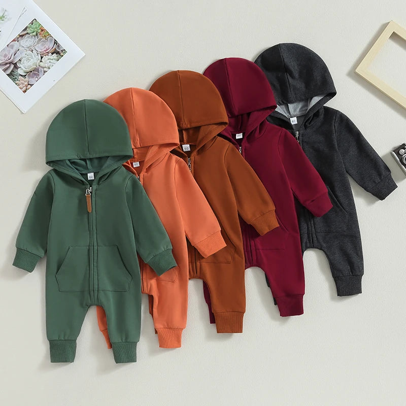 2023-07-19 Lioraitiin 0-12M Newborn Baby Boys Girls Fall Jumpsuits Long Sleeve Solid Zip Up Hooded Rompers Newborn Outfit