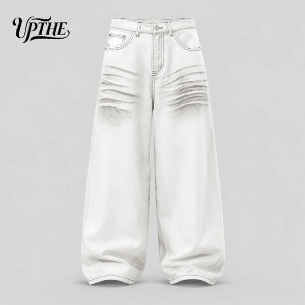 UP.THE Men White Gradient Washed Crinkle Baggy Wide Leg Jeans, Y2K Oversized Loose Distressed Denim Pants, Grunge Streetwear Trousers for Daily Outfits