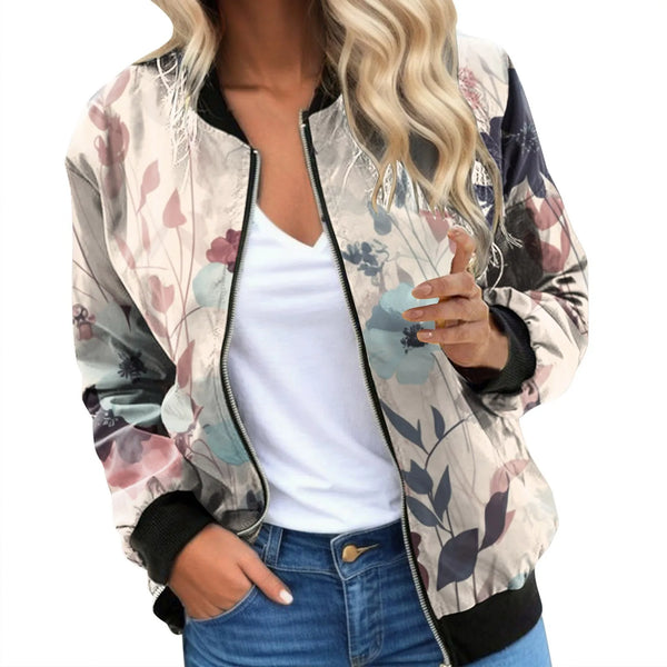 Women Floral Bomber Jacket Coats Vintage Long Sleeve Zip Up Jackets Autumn Casual Stand Collar Short Coat Female Outerwear Tops