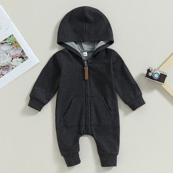 2023-07-19 Lioraitiin 0-12M Newborn Baby Boys Girls Fall Jumpsuits Long Sleeve Solid Zip Up Hooded Rompers Newborn Outfit