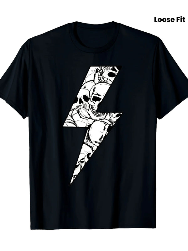 Men's Skull And Lightning Bolt Graphic TShirt Breathable Loose Fit Crew Neck Tee Black with White Skull And Bolt Print Machine Washable Summer Casual Shirt Perfect Gift for Men Sku FRetro Casual Short-sleeved T-shirt with a R