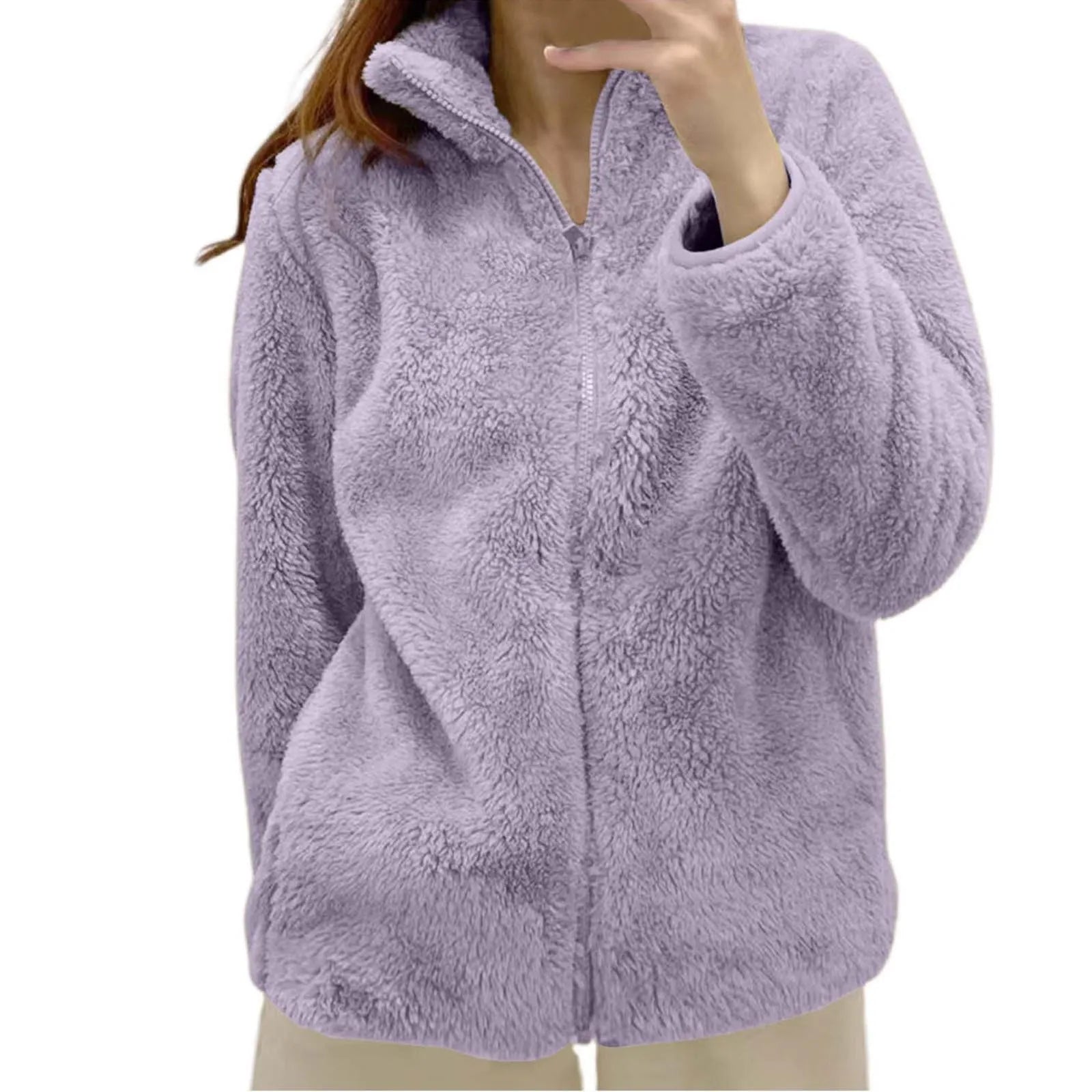 Women Casual Zip Up Fleece Jacket Solid Color Long Plush Polar Warm Zipper Outwears Female Gils Lamb Wool Jackets With Pockets