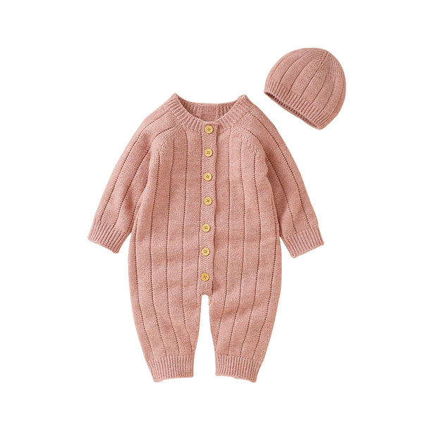 2022-06-29 Lioraitiin Infant Winter Jumpsuit and Cap, Solid Color Long Sleeve Single-breasted Knitted Romper, 0-18 Months