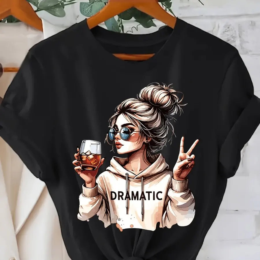 DRAMATIC 1pc Women' S Fashion Print Round Neck Short Sleeve T Shirt Casual and Comfortable for Daily Wear Trendy Print Combine
