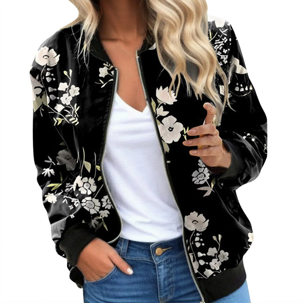 Women Floral Bomber Jacket Coats Vintage Long Sleeve Zip Up Jackets Autumn Casual Stand Collar Short Coat Female Outerwear Tops