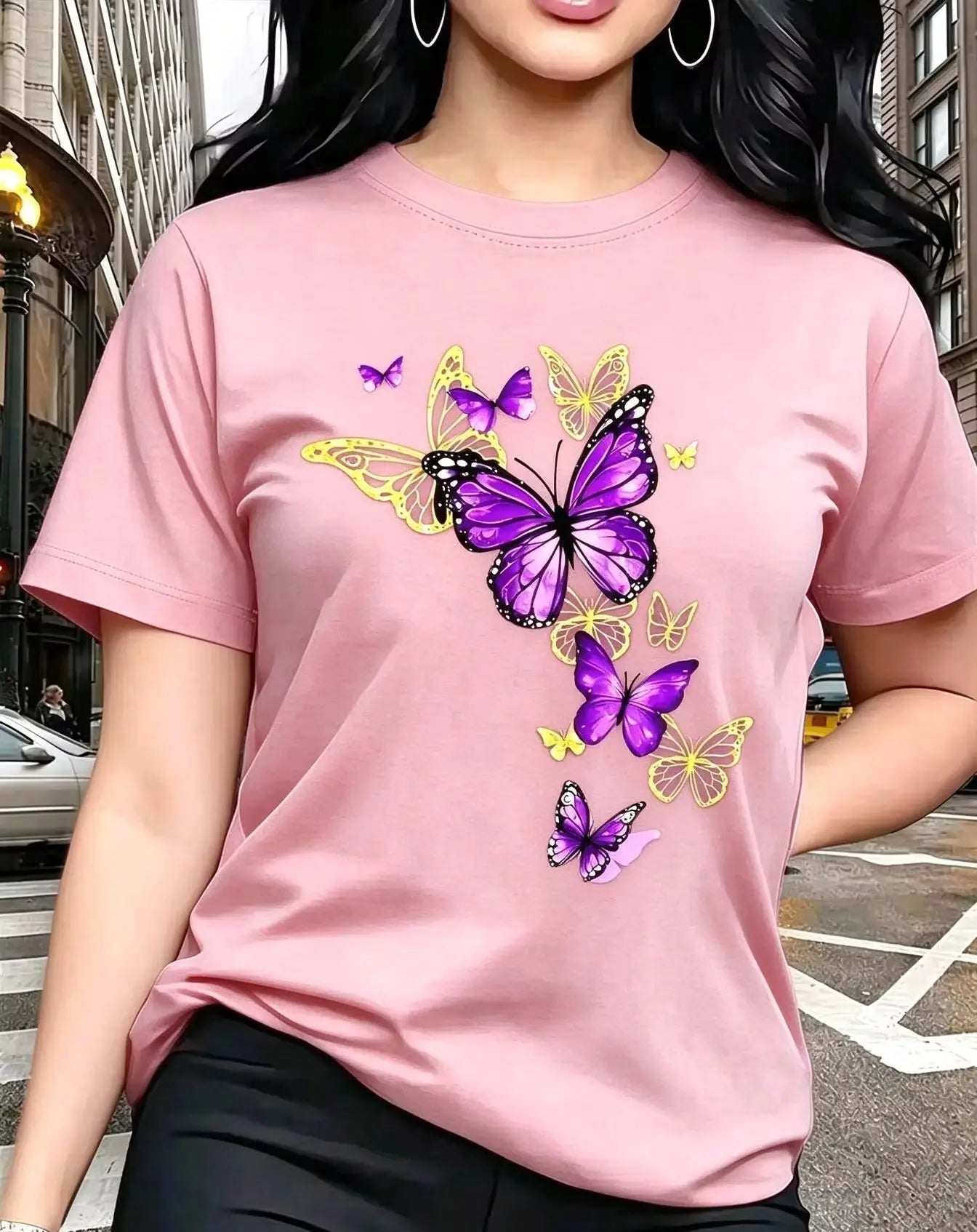 New T-shirt with Butterfly Pattern Print Round Neck Golden Element Design Exquisite and Gorgeous Breathable and Lightweight