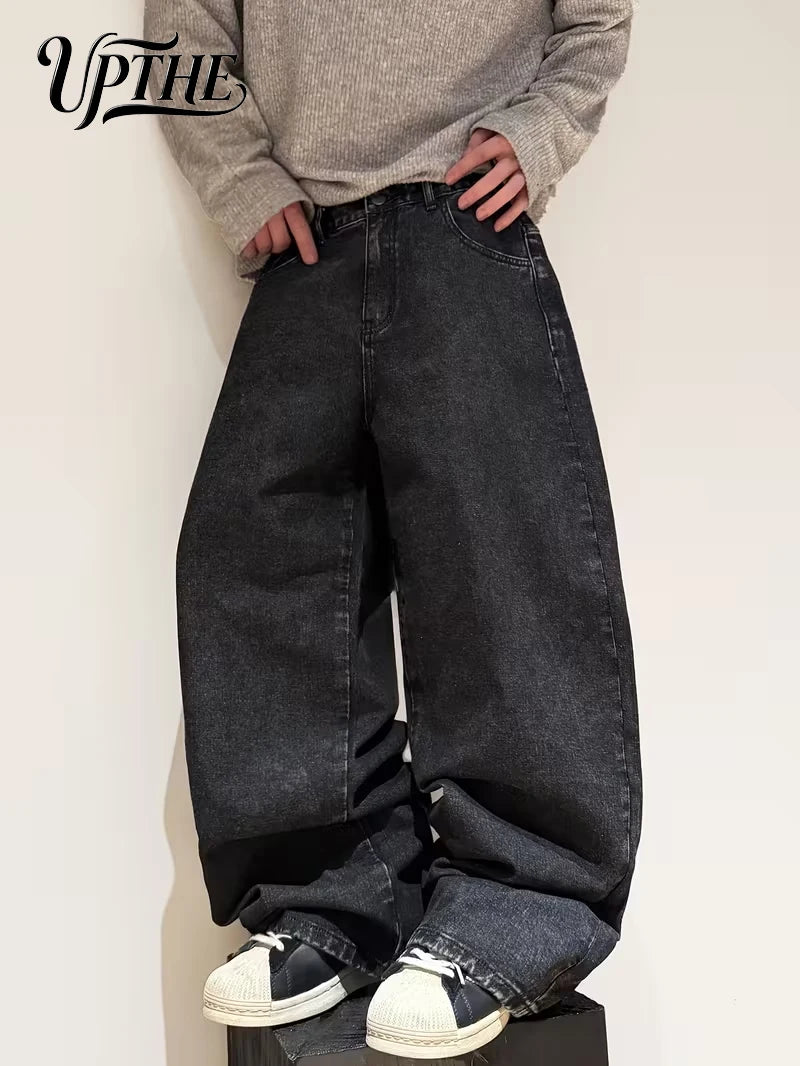 UPTHE Men's Rose Embroidered Baggy Wide Leg Jeans, Vintage Black Wash Loose Denim Pants, Y2K Streetwear Oversized Casual Trousers